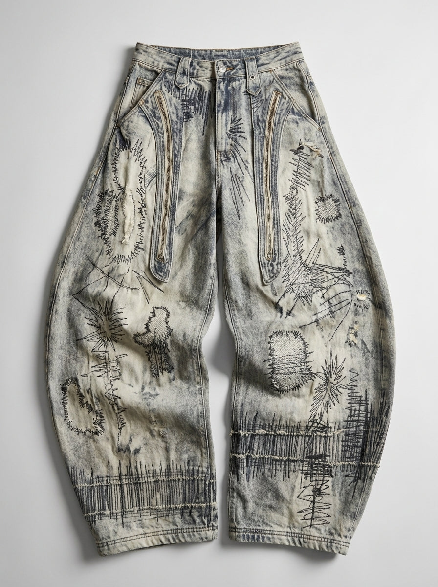 Glitch Fade Printed Baggy Jeans in Light Blue Wash