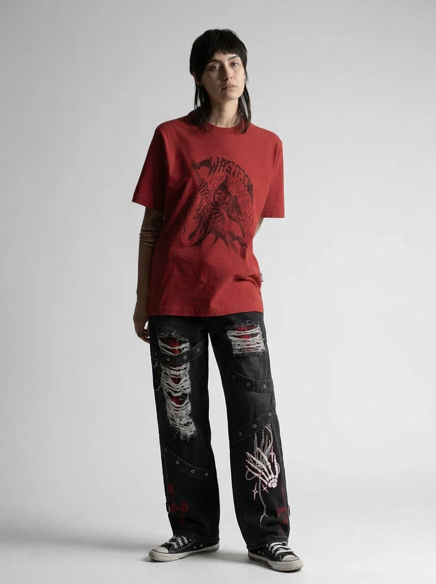 Crimson Bones Skeleton Graphic Baggy Jeans in Black Wash