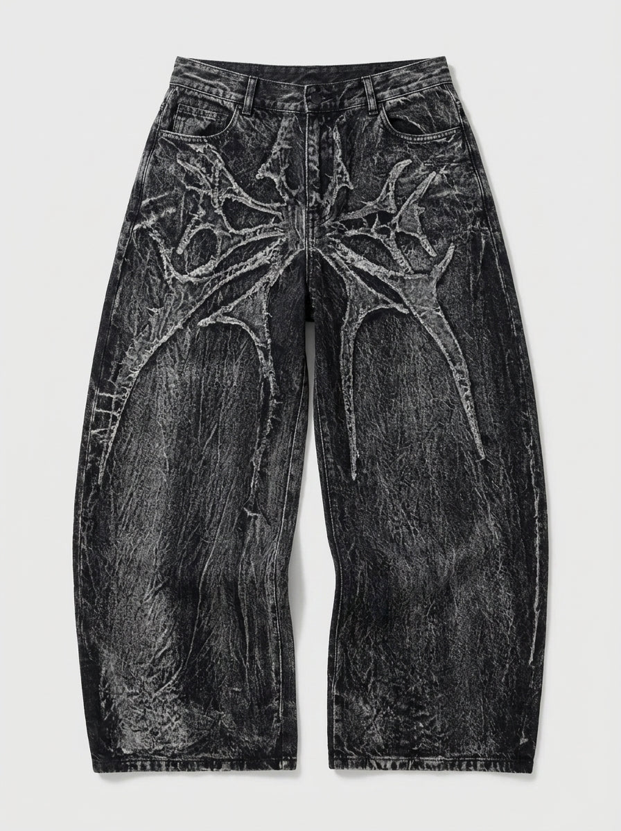 Venom Spider Embroidered Baggy Jorts in Black Grey Wash
