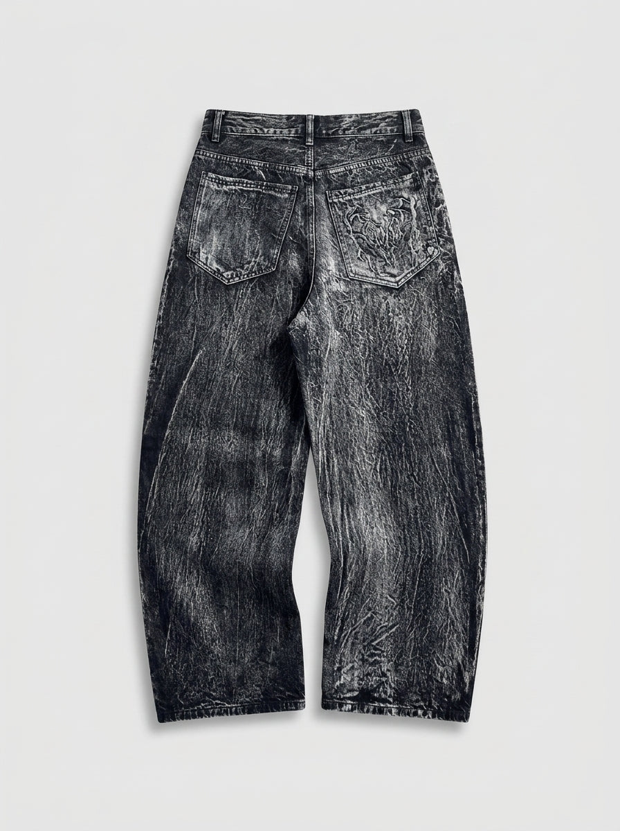 Venom Spider Embroidered Baggy Jorts in Black Grey Wash