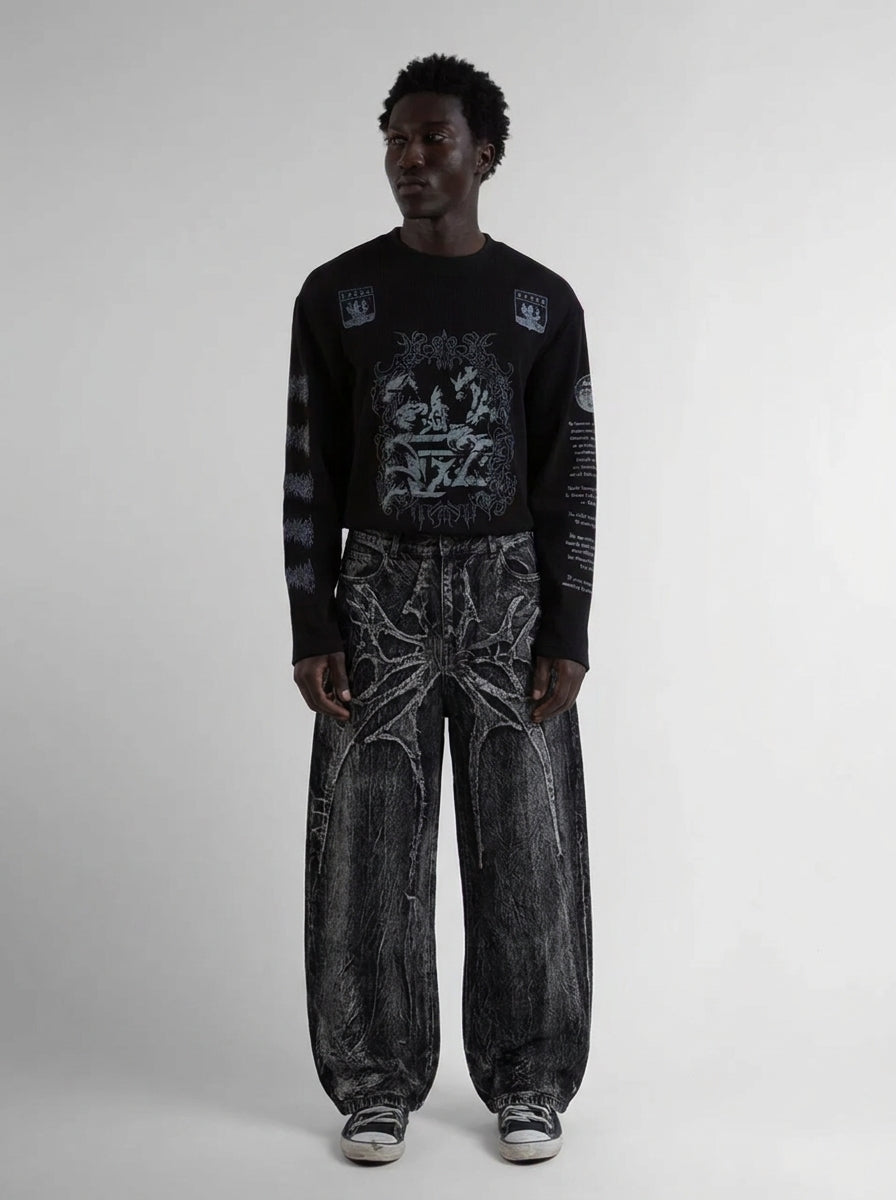 Venom Spider Embroidered Baggy Jorts in Black Grey Wash
