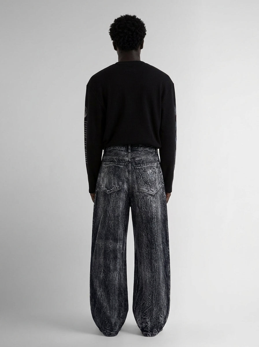 Venom Spider Embroidered Baggy Jorts in Black Grey Wash