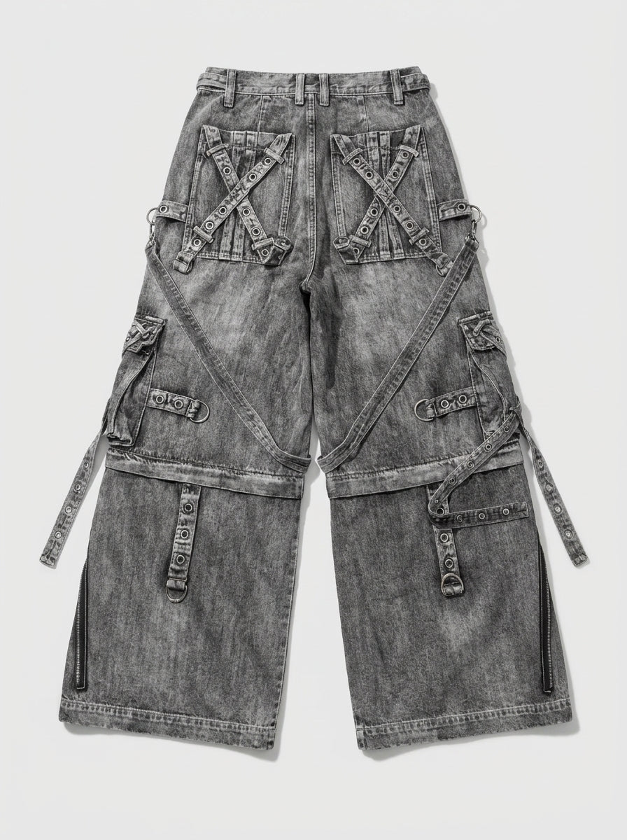 Riot Strap Buckle Cargo Denim Jorts in Washed Grey