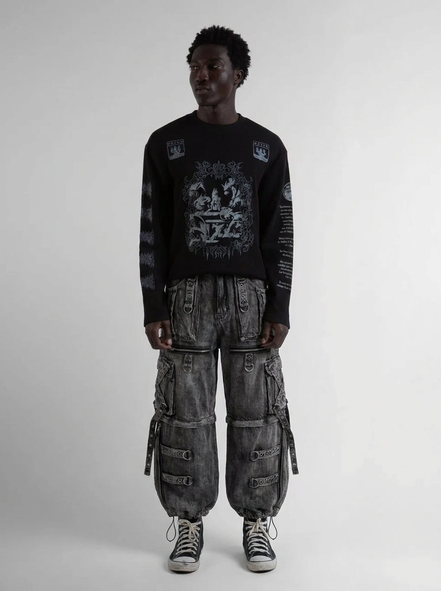 Riot Strap Buckle Cargo Denim Jorts in Washed Grey