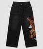 Inferno Dragon Embroidered Baggy Jeans in Dark Blue Wash