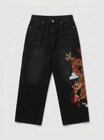 Inferno Dragon Embroidered Baggy Jeans in Dark Blue Wash