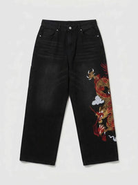 Inferno Dragon Embroidered Baggy Jeans in Dark Blue Wash