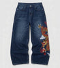 Inferno Dragon Embroidered Baggy Jeans in Dark Blue Wash
