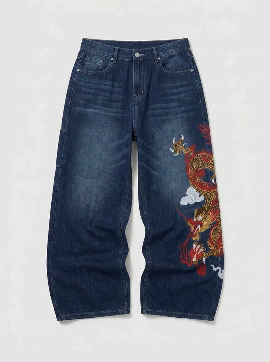 Inferno Dragon Embroidered Baggy Jeans in Dark Blue Wash