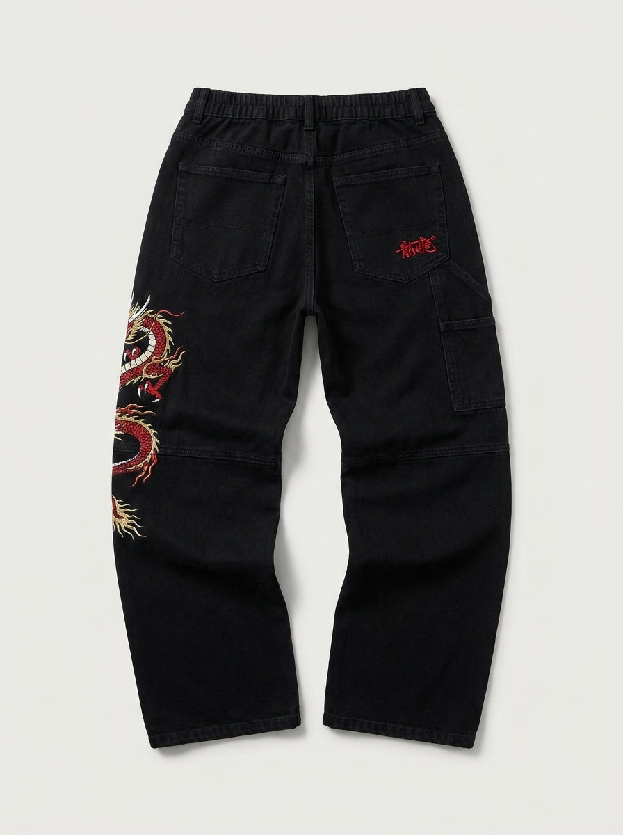 Inferno Dragon Embroidered Baggy Jeans in Dark Blue Wash