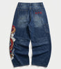 Inferno Dragon Embroidered Baggy Jeans in Dark Blue Wash