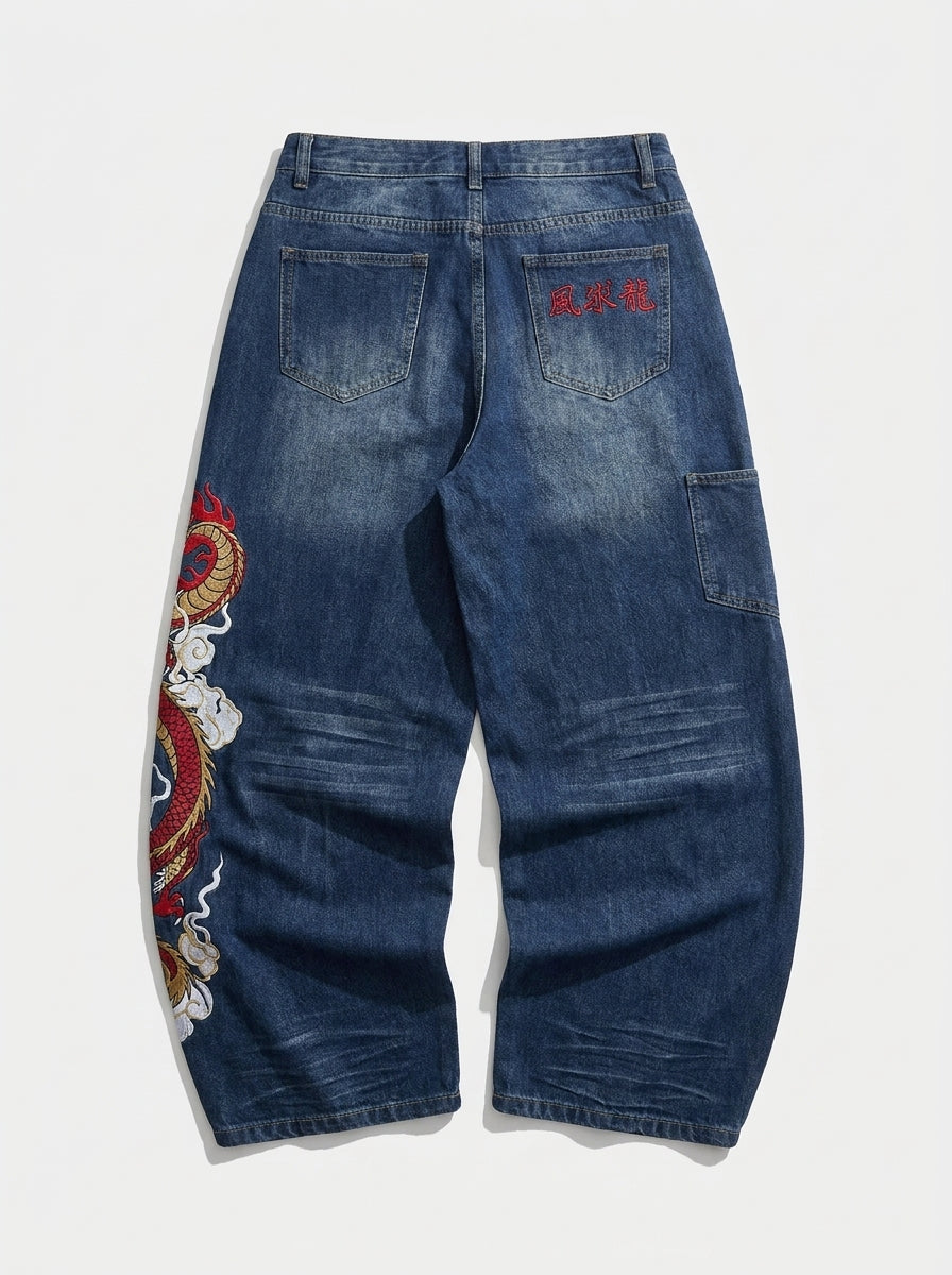 Inferno Dragon Embroidered Baggy Jeans in Dark Blue Wash