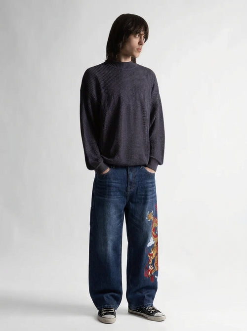 Inferno Dragon Embroidered Baggy Jeans in Dark Blue Wash