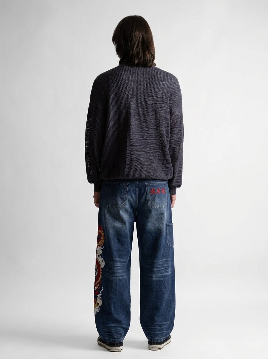 Inferno Dragon Embroidered Baggy Jeans in Dark Blue Wash