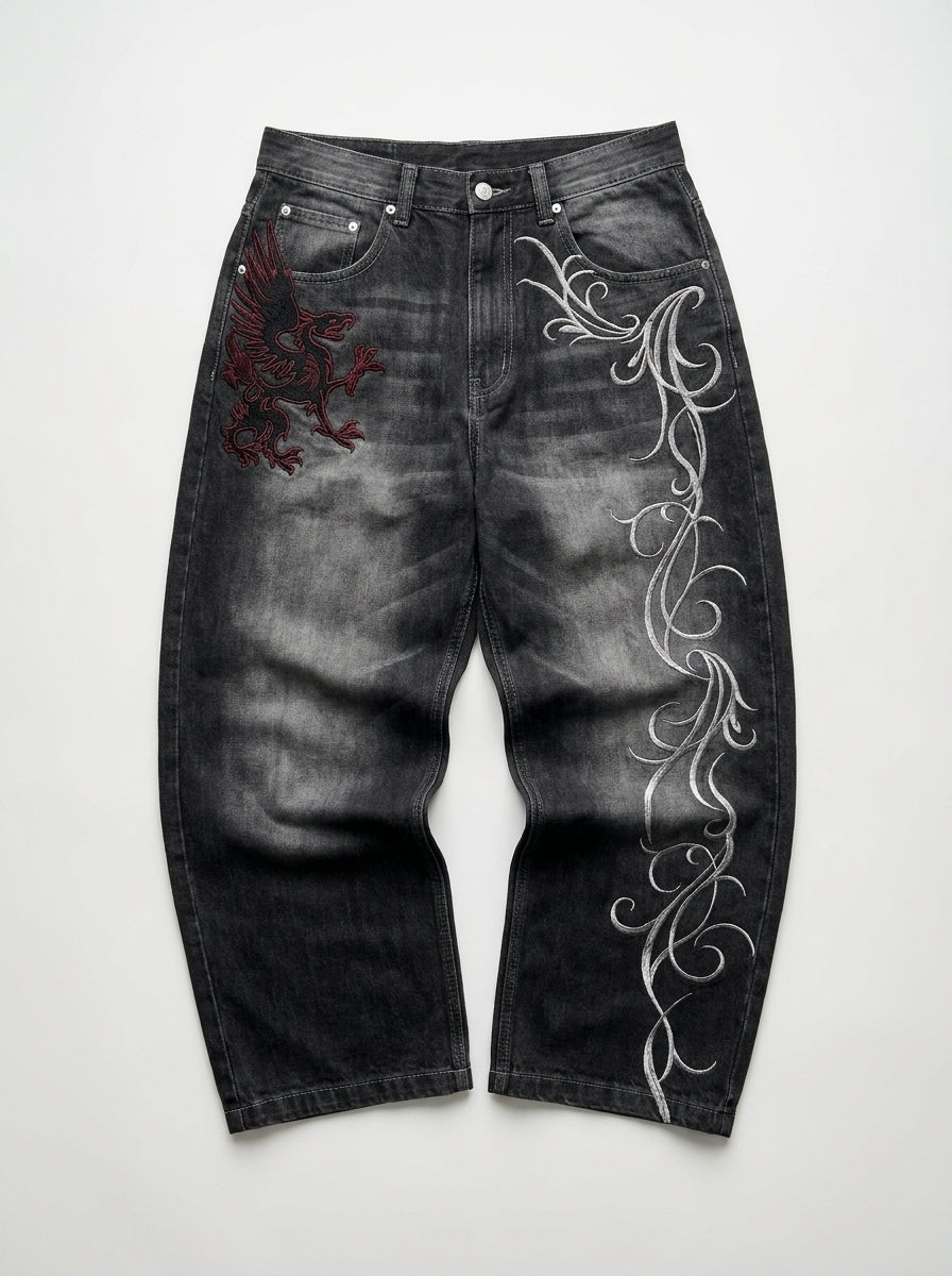 Bloodline Gothic Embroidered Baggy Jeans in Washed Black