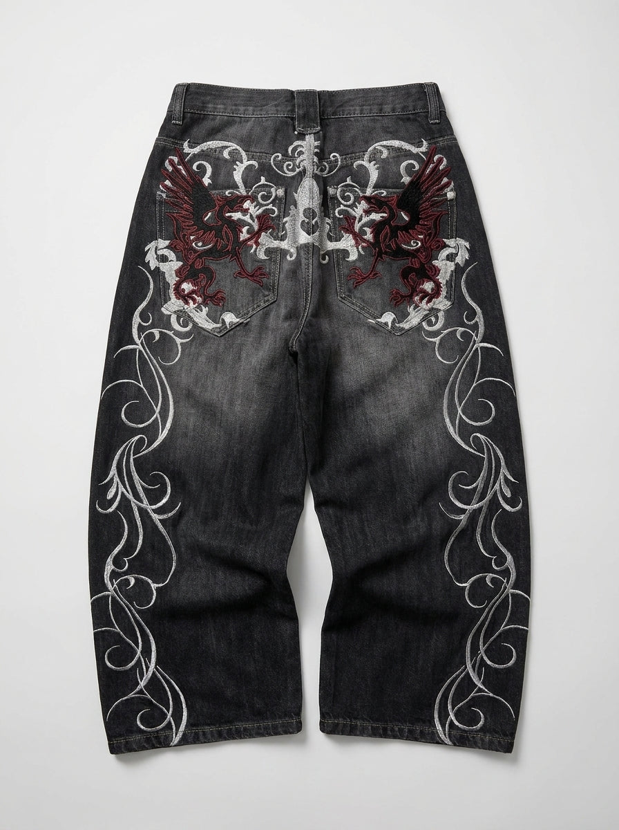 Bloodline Gothic Embroidered Baggy Jeans in Washed Black