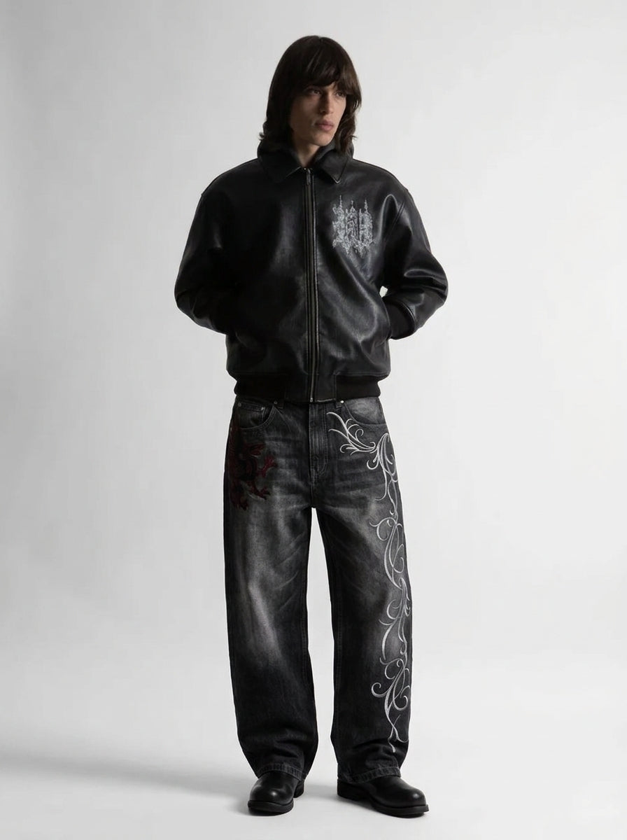 Bloodline Gothic Embroidered Baggy Jeans in Washed Black