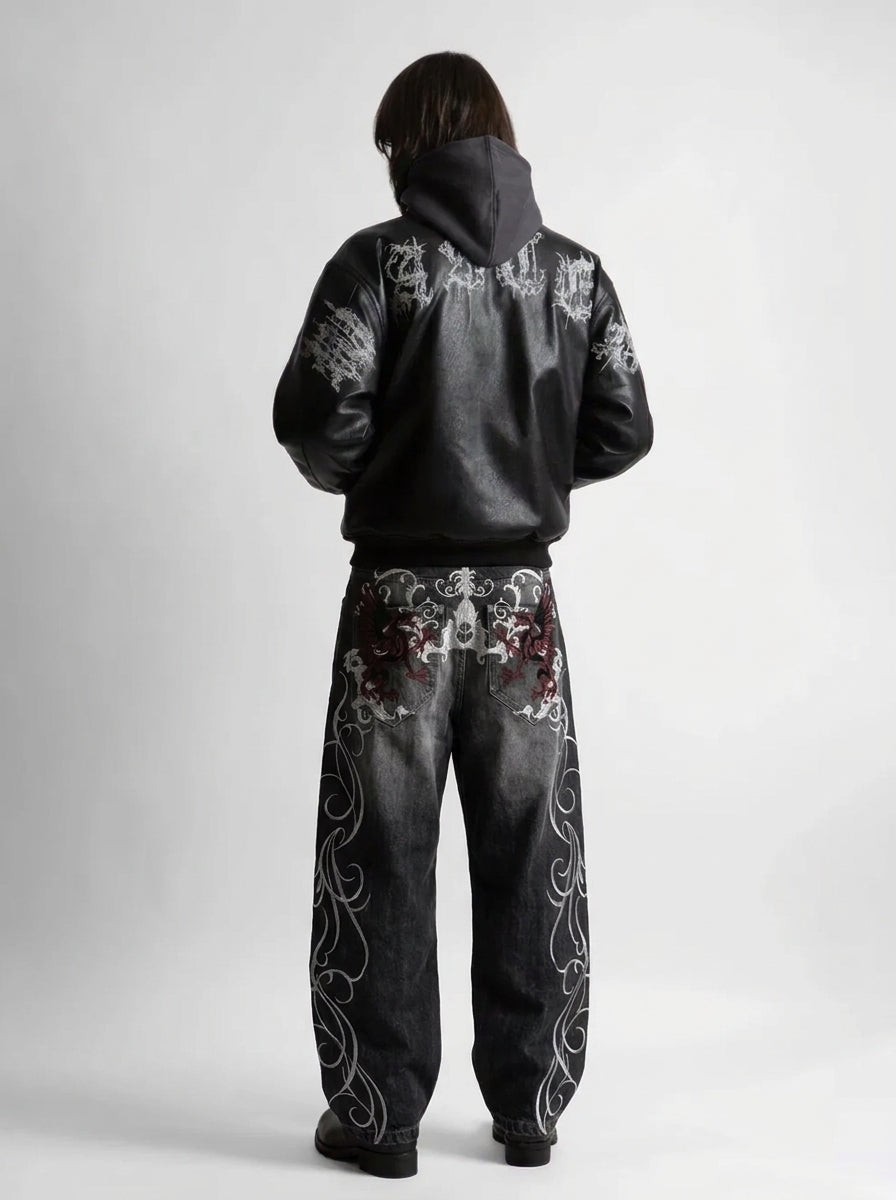 Bloodline Gothic Embroidered Baggy Jeans in Washed Black