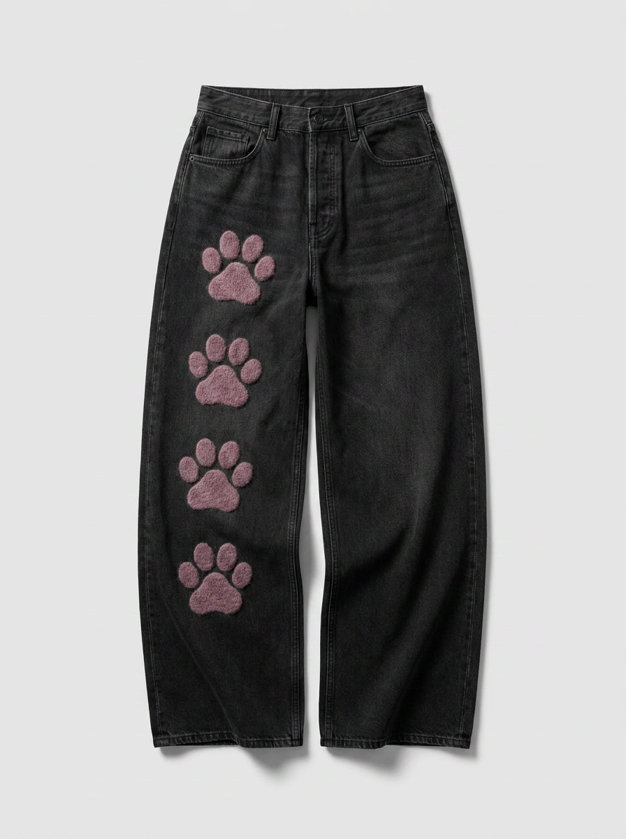 Cherry Paw Graphic Low-Rise Baggy Jeans in Black Wash