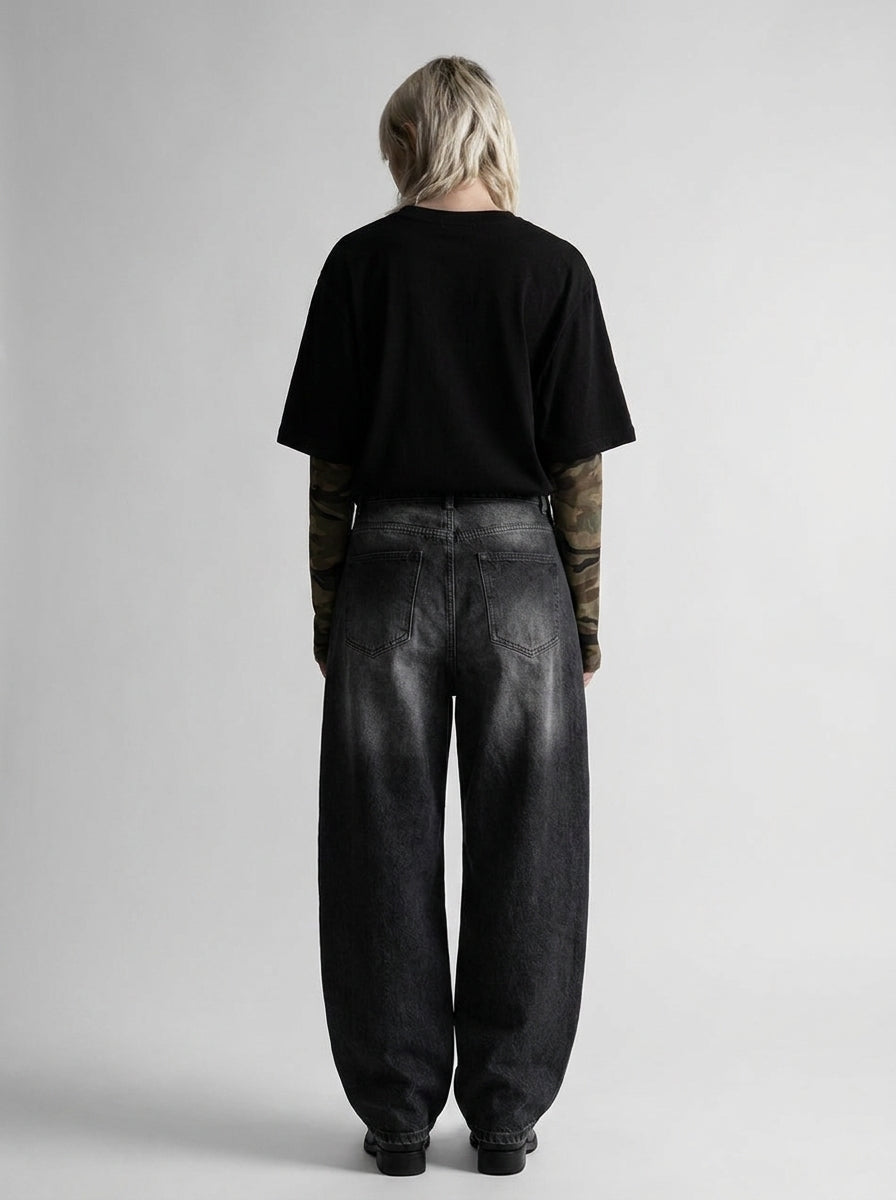 Cherry Paw Graphic Low-Rise Baggy Jeans in Black Wash