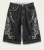 Ghost Scroll Graphic Baggy Denim Jorts in Washed Black