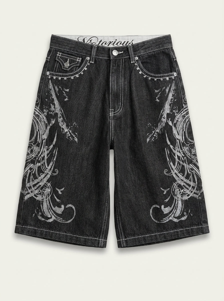 Ghost Scroll Graphic Baggy Denim Jorts in Washed Black