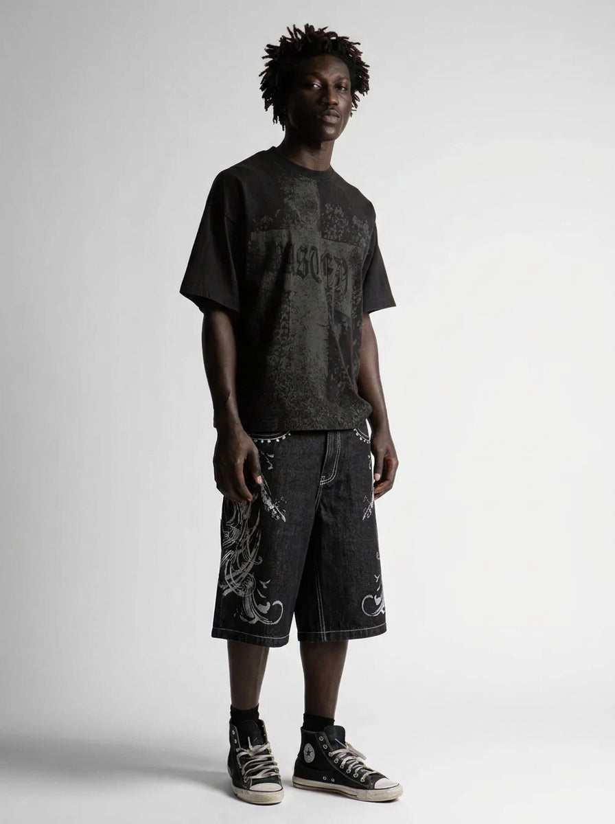 Ghost Scroll Graphic Baggy Denim Jorts in Washed Black