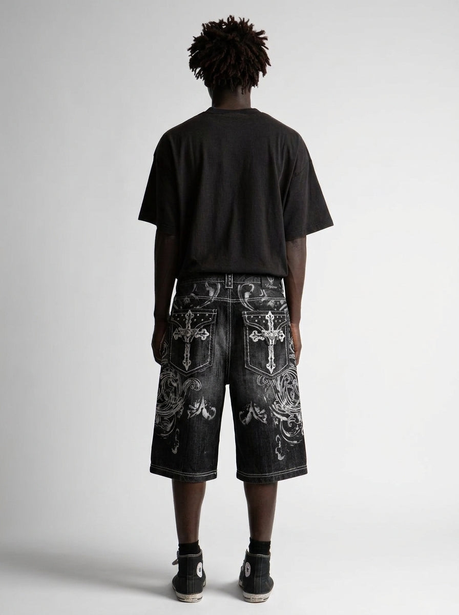Ghost Scroll Graphic Baggy Denim Jorts in Washed Black