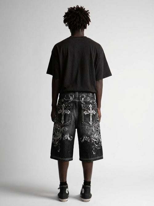 Ghost Scroll Graphic Baggy Denim Jorts in Washed Black