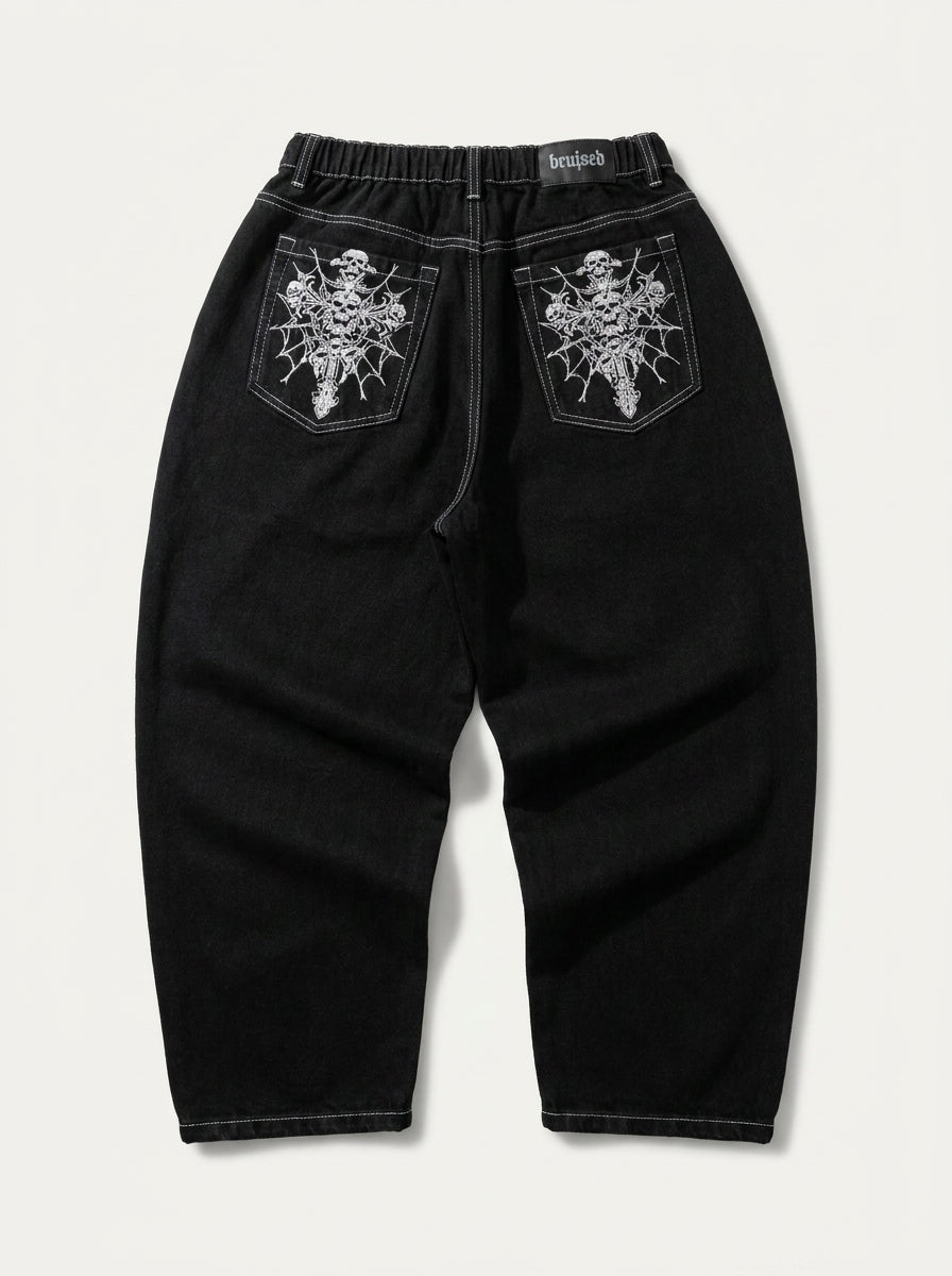 Grave Skeleton Pocket Baggy Jeans in Black Wash