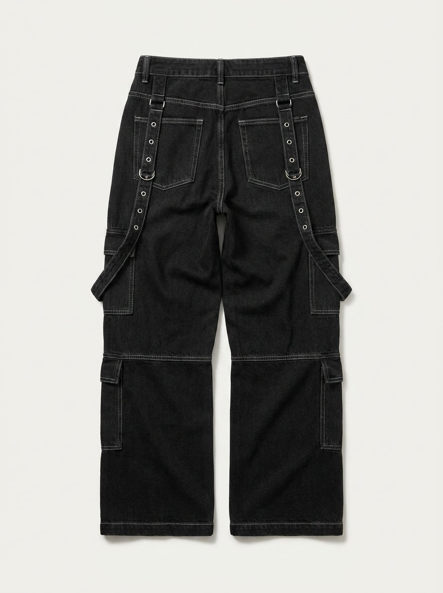 Phantom D-Ring Cargo Wide Leg Jeans in Black