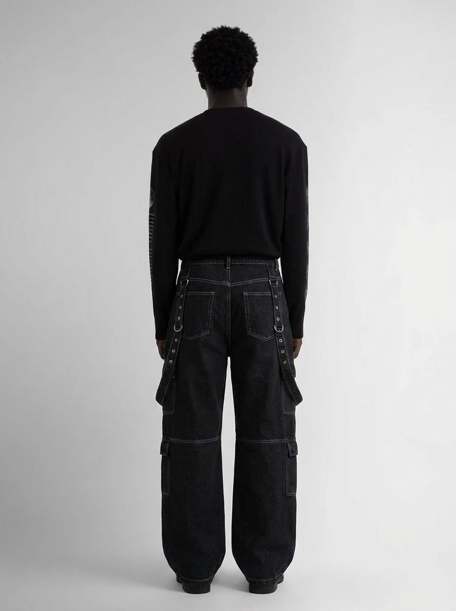 Phantom D-Ring Cargo Wide Leg Jeans in Black