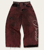 Cherry Script Wide Leg Baggy Jeans in Washed Red