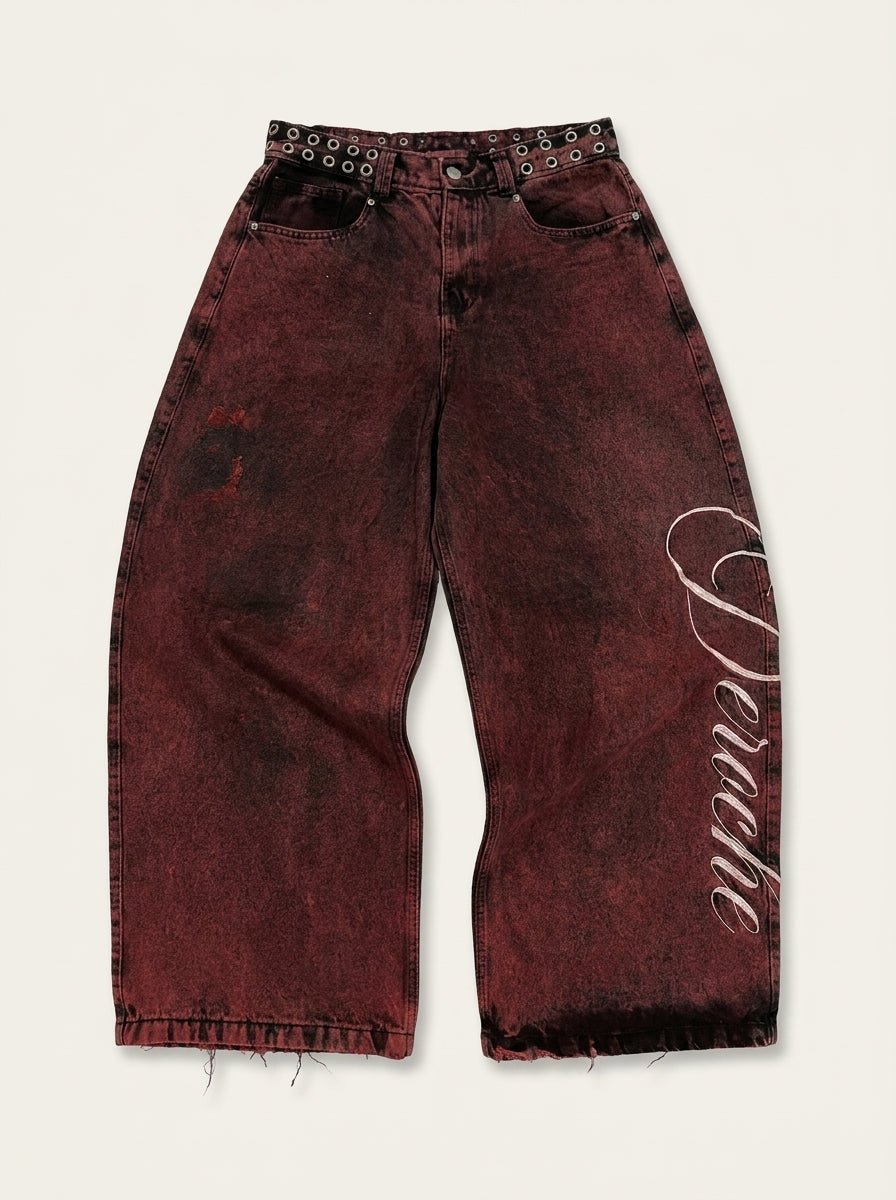 Cherry Script Wide Leg Baggy Jeans in Washed Red