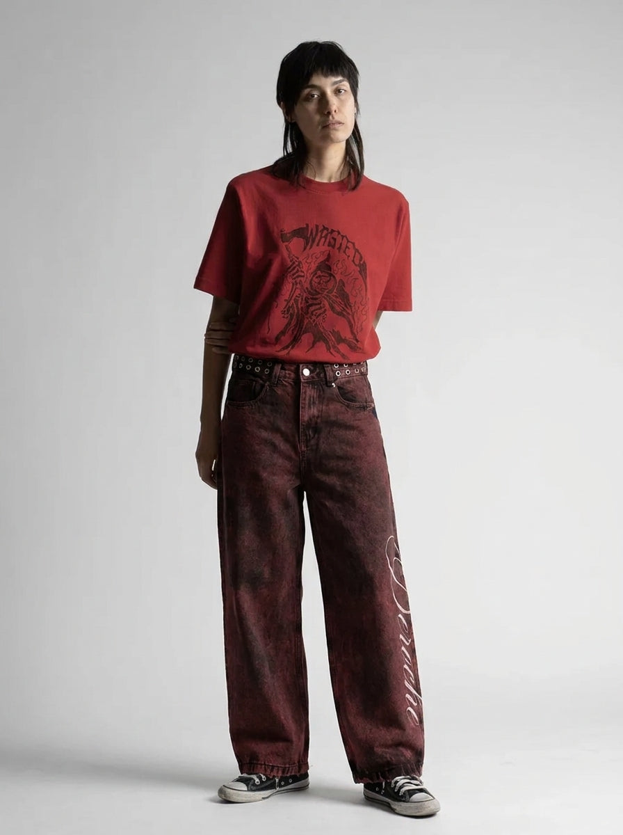 Cherry Script Wide Leg Baggy Jeans in Washed Red