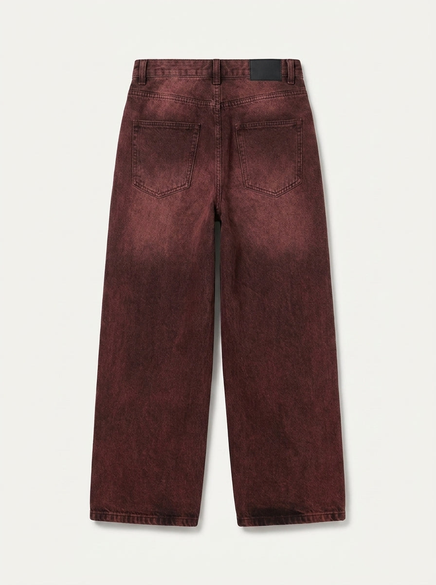 Cherry Script Wide Leg Baggy Jeans in Washed Red