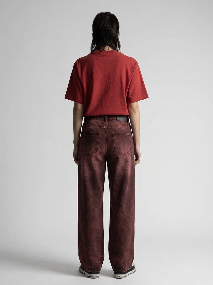 Cherry Script Wide Leg Baggy Jeans in Washed Red