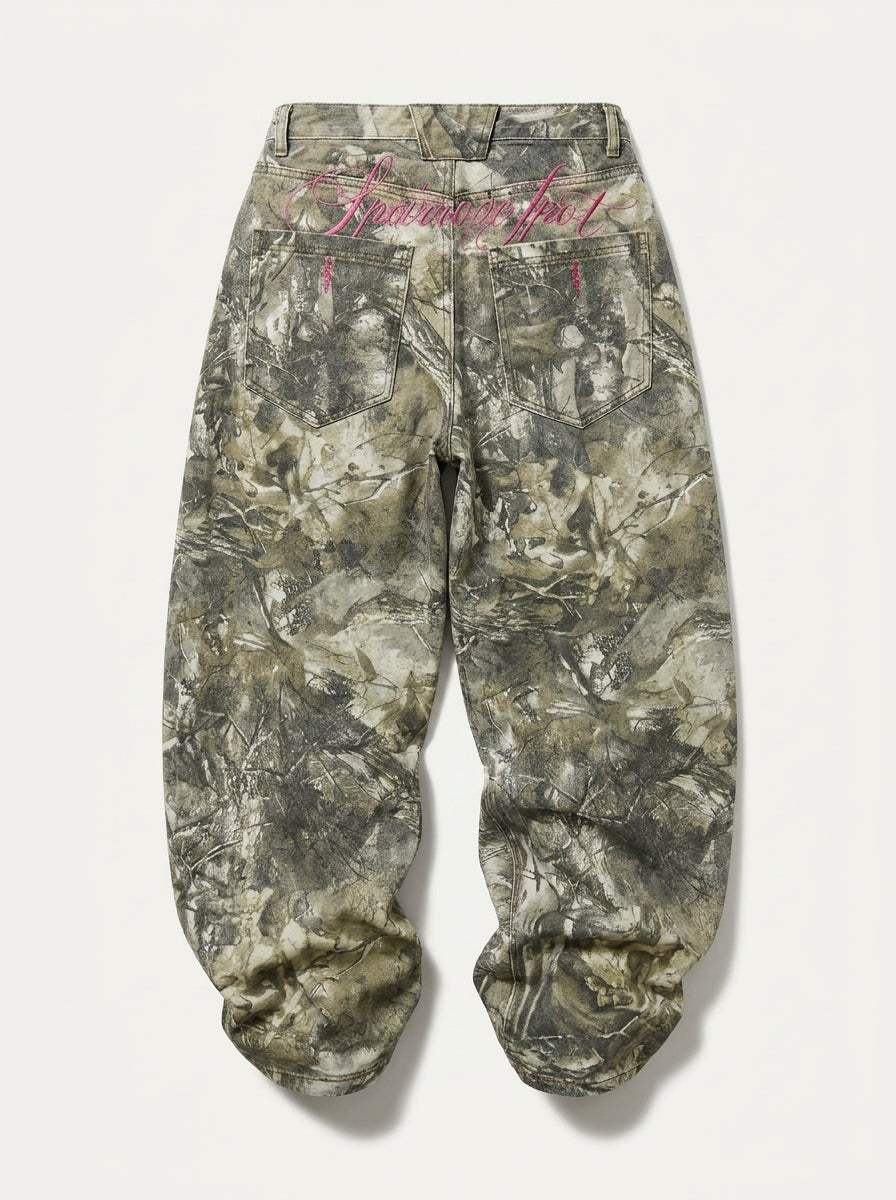 Wilderness Script Camo Baggy Jeans in Washed Khaki