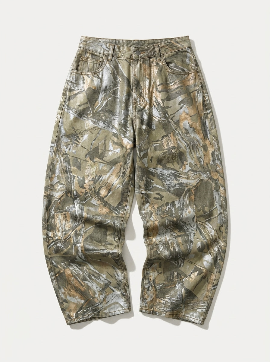 Y2K Baggy Jeans Camo Script Print Washed Khaki Streetwear — Wilderness Script