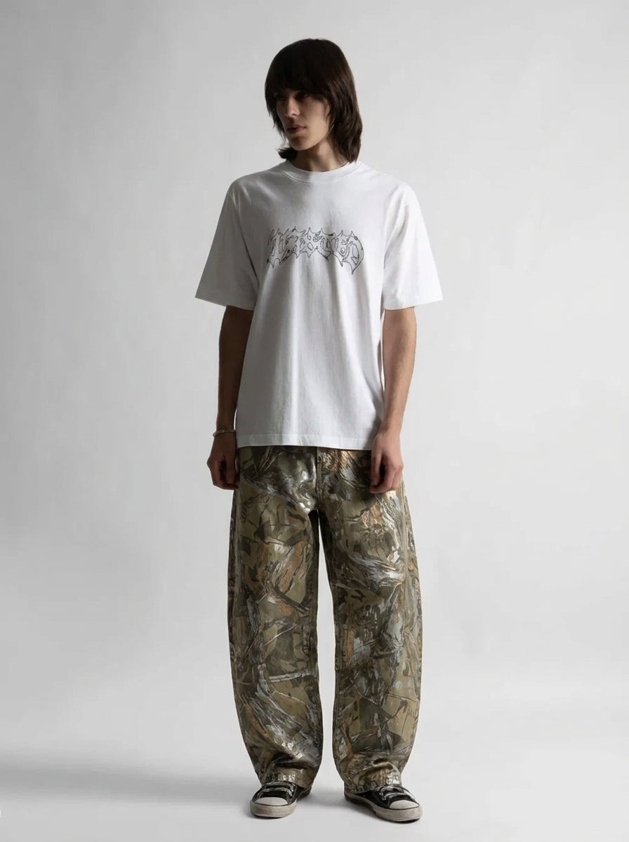 Wilderness Script Camo Baggy Jeans in Washed Khaki