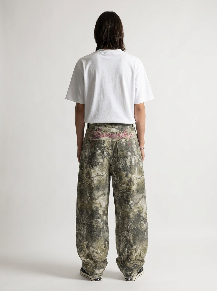Wilderness Script Camo Baggy Jeans in Washed Khaki