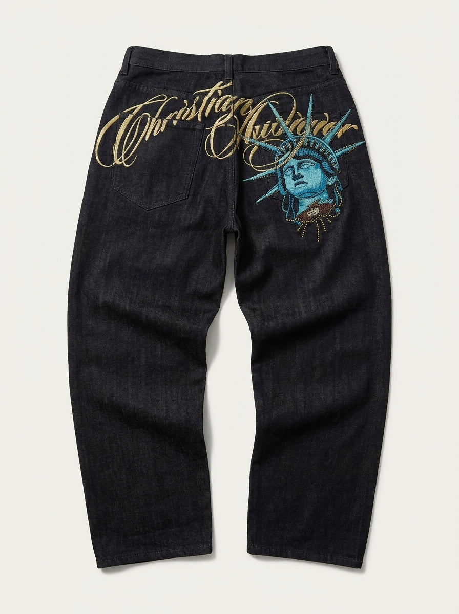 Phantom Liberty Statue Graphic Wide Leg Jeans in Dark Black Wash