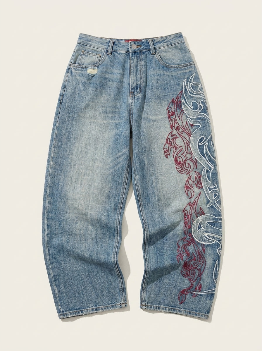 Inferno Tribal Embroidered Baggy Jeans in Washed Blue