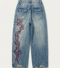 Inferno Tribal Embroidered Baggy Jeans in Washed Blue