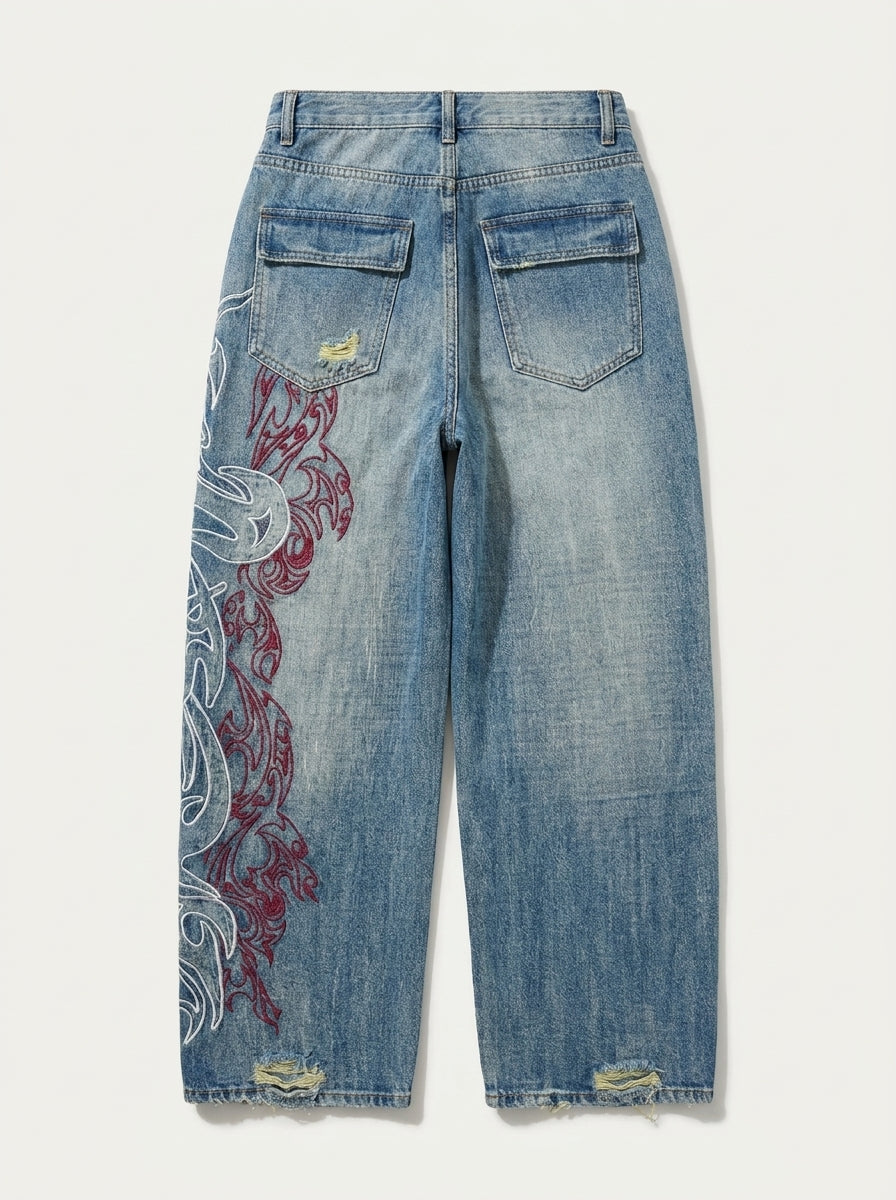 Inferno Tribal Embroidered Baggy Jeans in Washed Blue