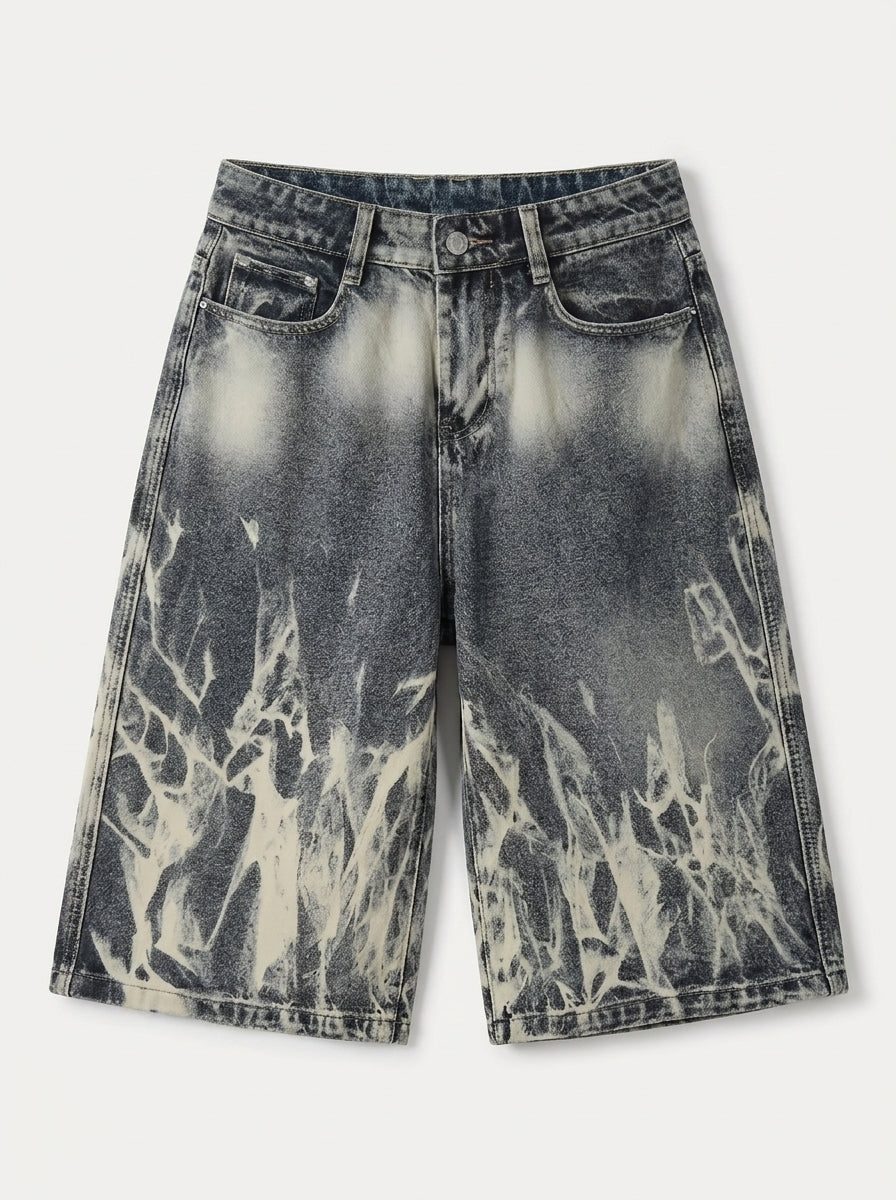 Ash Flame Graphic Baggy Denim Jorts in Black Wash