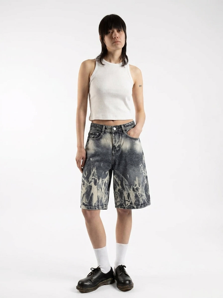 Ash Flame Graphic Baggy Denim Jorts in Black Wash
