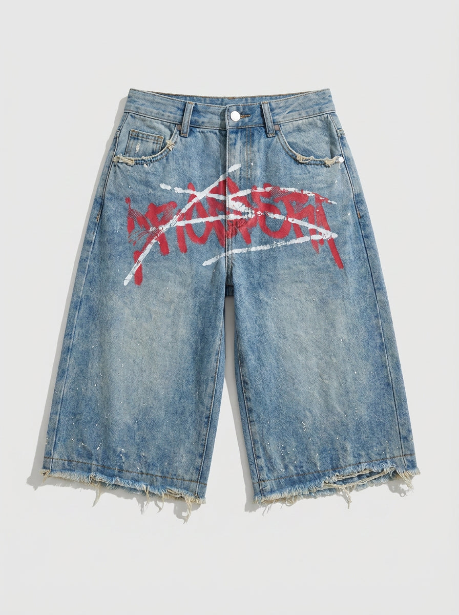Riot Tag Graffiti Baggy Denim Jorts in Light Wash