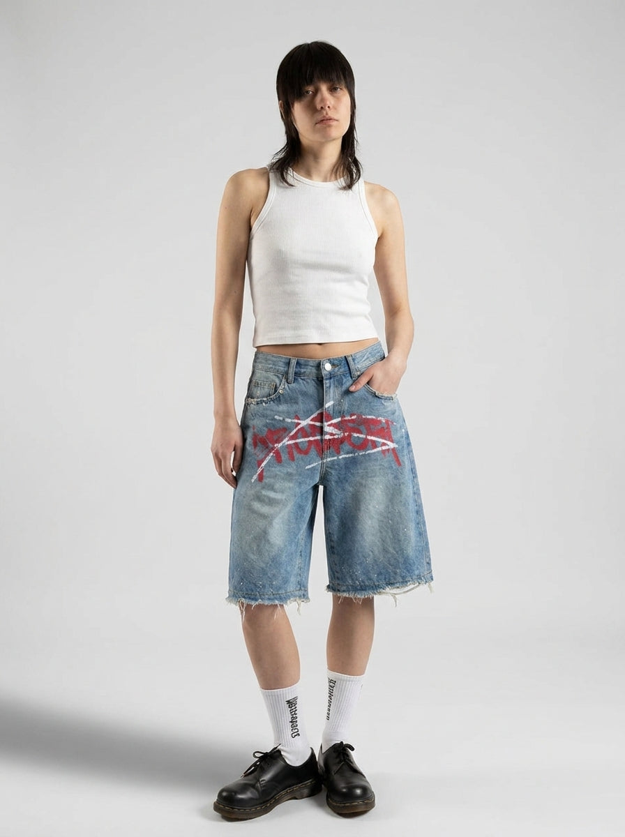 Riot Tag Graffiti Baggy Denim Jorts in Light Wash