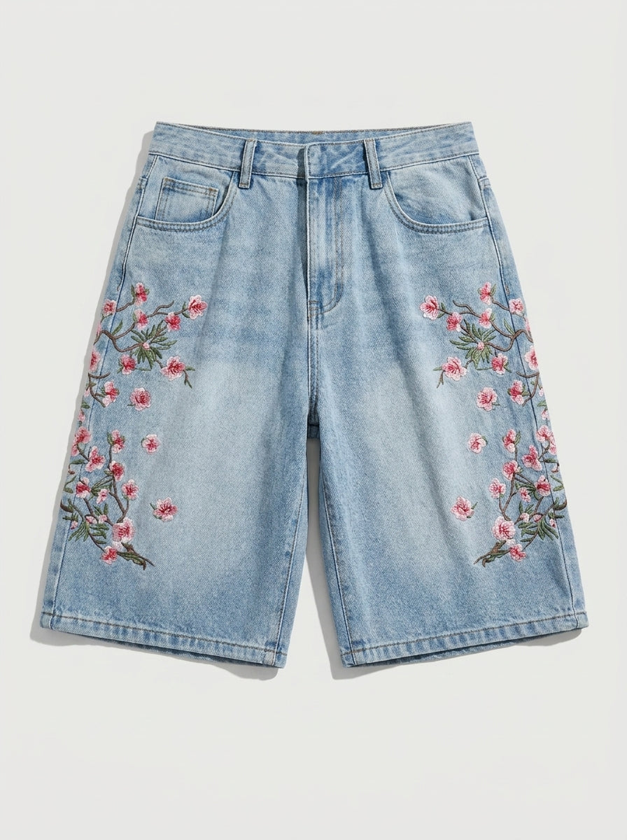 Blossom Trail Floral Embroidered Baggy Denim Jorts in Light Wash